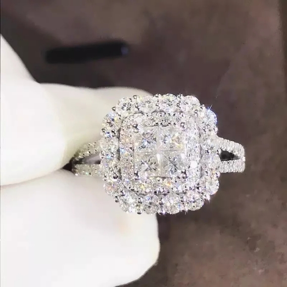 Exquisite Silver Diamond Halo Ring - Picture 2 of 3